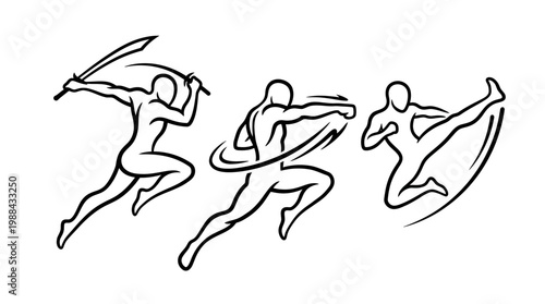 Dynamic Silhouette Martial Arts Poses Depicting Action and Movement.