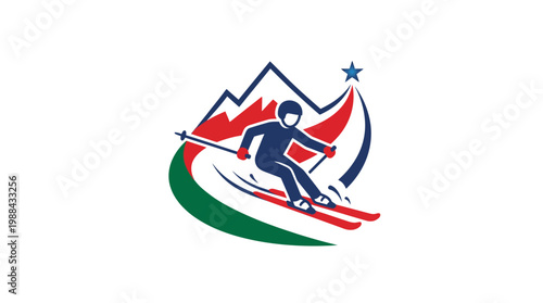 Dynamic Skiing Athlete Gliding Down Snowy Mountain Slope with Speed.