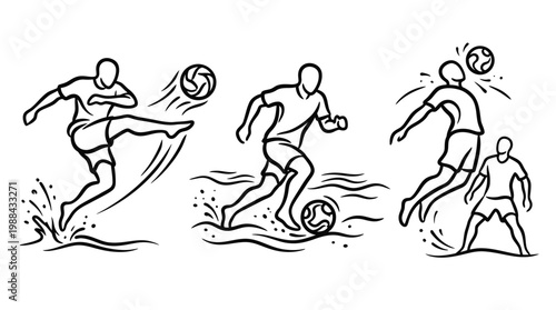 Dynamic Soccer Players in Action Kicking and Heading the Ball.