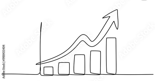 Continuous line drawing of a bar chart with an upward arrow showing business growth and success Vector, illustration