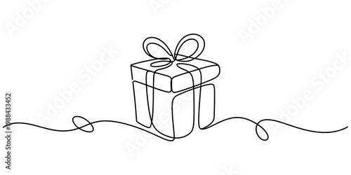 Continuous line drawing of a gift box with a ribbon bow on a white background Vector, illustration