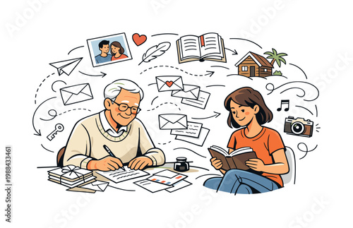 Handing down family traditions through letters or journals. Elder person writing a letter while a younger