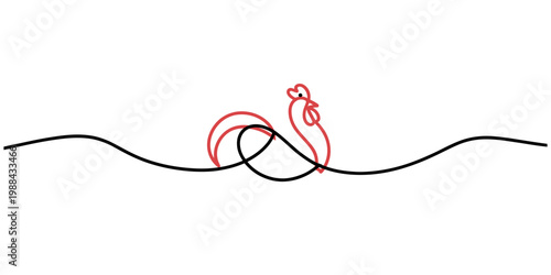 Minimalist continuous line art illustration of a rooster with red accents on a white background. Vector, illustration