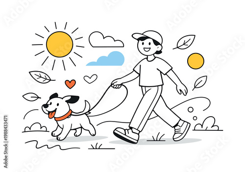 Outdoor pet moment. A smiling character walking a dog, leash forming a smooth curve, sun rays, leaves and