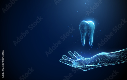 3d blue tooth above an open hand. Dental care support, oral health protection, preventive dentistry, treatment, restoration hygiene and health responsibility concept