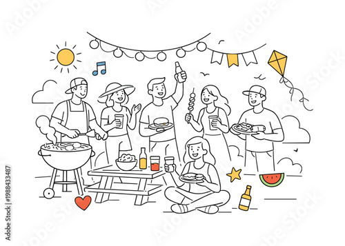 Spring backyard gathering. A smiling group enjoying barbecue, grill, food and light decorative elements
