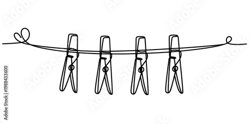 Continuous line drawing of four wooden clothespins hanging on a thin wire clothesline Vector, illustration