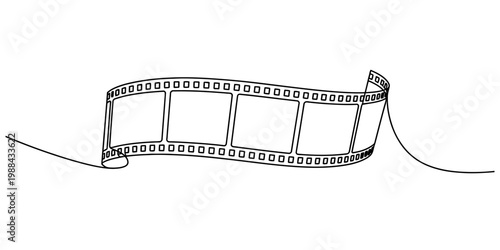 Continuous line drawing of a curved film strip with blank frames on a white background Vector, illustration