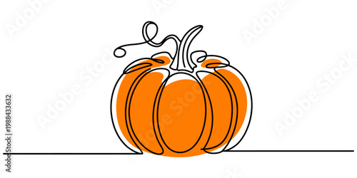 Continuous line drawing of a vibrant orange pumpkin with a curly vine on white background Vector, illustration