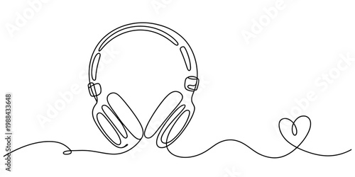 Continuous line drawing of headphones and a heart symbol representing love for music. Vector, illustration