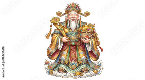 Prosperous Asian deity of wealth and fortune, holding gold coins and a scepter on clouds