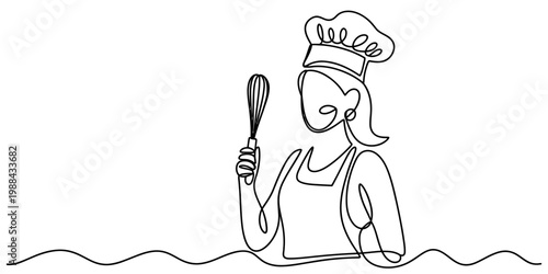 Continuous line drawing of a female chef wearing a toque and apron while holding a whisk Vector, illustration