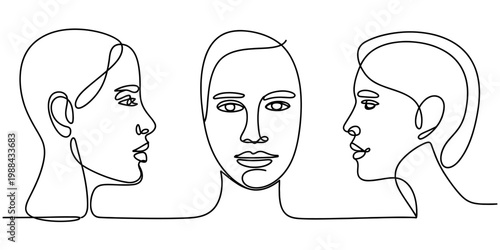 Minimalist continuous line drawing of three human faces in profile and front view on white background. Vector, illustration