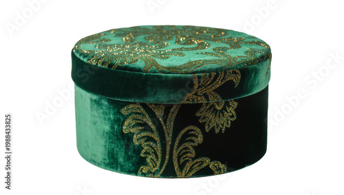Photos Ornate emerald green velvet hat box with gold damask pattern, isolated on transp