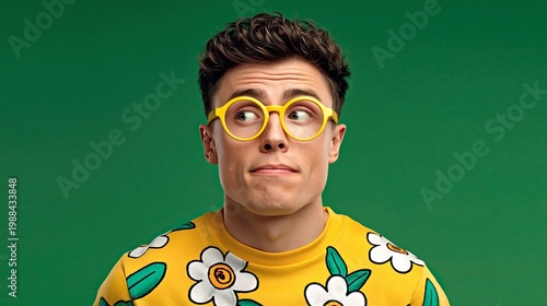 Young man wears bright yellow glasses and floral shirt. He looks sideways with a playful, confused expression. Green backdrop provides bold contrast and focus. Perfect for humor, comedy