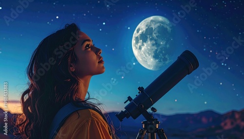 Young woman gazing at the moon through a telescope at night.