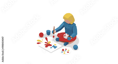 Blond child painting with colorful brushes.