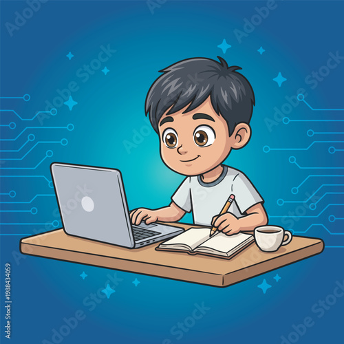 Cute Boy Studying and Working on Laptop Illustration