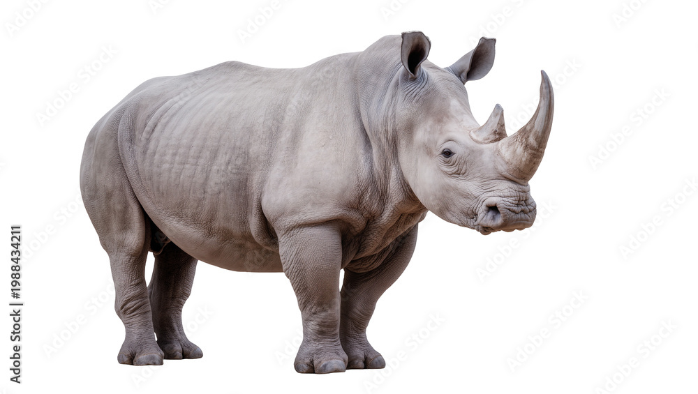 Obraz premium Large grey rhinoceros with a prominent horn, isolated on transparent background