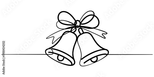 Continuous line drawing of two christmas bells with a ribbon bow on white background. Vector, illustration