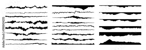 Black recycled sheet with jagged torn paper rip edge effect. Vector set of page piece blank card tag label banner divider claw cut line. Cardboard tear edge bundle kit