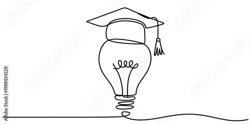 Single line art illustration of a light bulb wearing a mortarboard cap symbolizing academic success. Vector, illustration