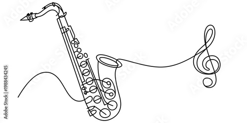Minimalist continuous line drawing of a saxophone and a treble clef symbol on white Vector, illustration
