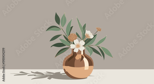 Minimalist floral composition with leaves and flowers in a vase on neutral background