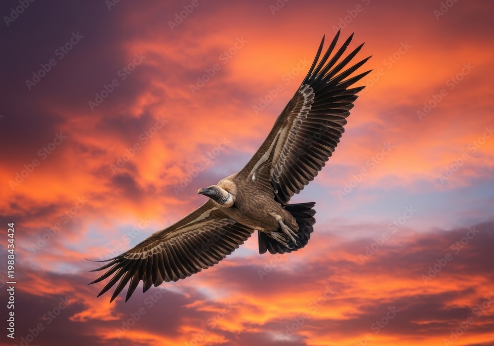 Fototapeta premium Vulture flies through the sky during a vibrant sunset.