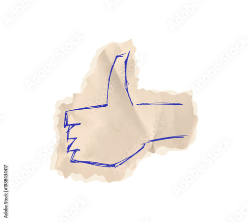 Thumb up scribble drawing on crumpled craft cardboard torn piece for like sign approval in a survey, sign of consent. Paper cut sticker, modern Collage element. Vector cut out shape and hand gesture.