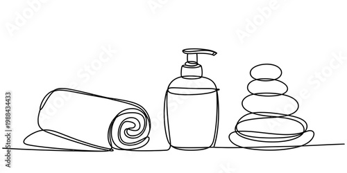 Continuous line art illustration of spa essentials with a rolled towel, lotion, and zen stones Vector, illustration