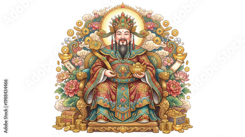 Prosperous God of Wealth adorned in traditional attire, surrounded by gold coins and blooming flowers, a symbol of prosperity and good fortune