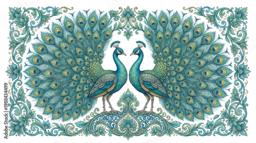 Exquisite Indian Peacocks with Intricate Floral Border Designs - A Majestic Display of Nature's Beauty
