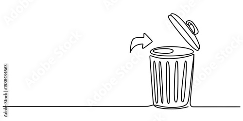 Continuous line drawing of an open trash can with an arrow pointing inside for waste disposal Vector, illustration