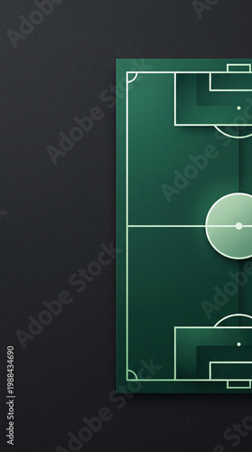 A green soccer field with white lines on a dark background