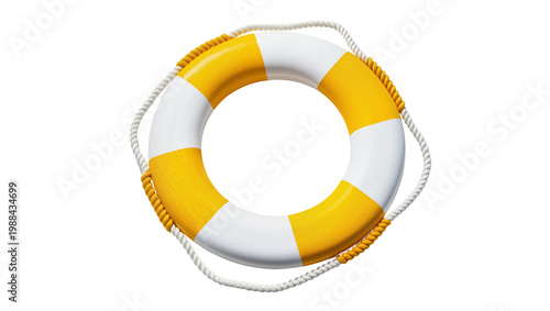 Canvastavla Yellow and white striped life preserver ring with rope, isolated on transparent