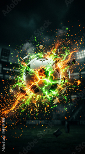 A soccer ball explodes with vibrant green and orange energy sparks on a dark field