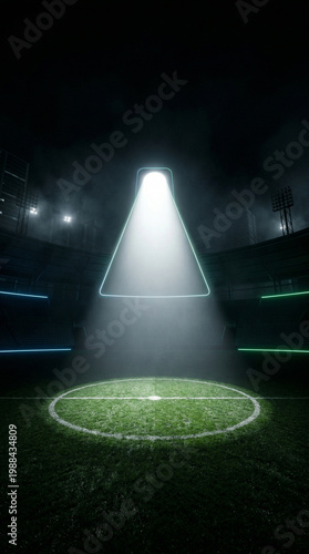 A bright spotlight shines down on a green sports field at night
