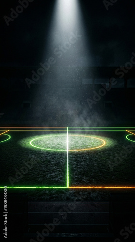 A dark room with a spotlight shining down on a glowing green and yellow circle