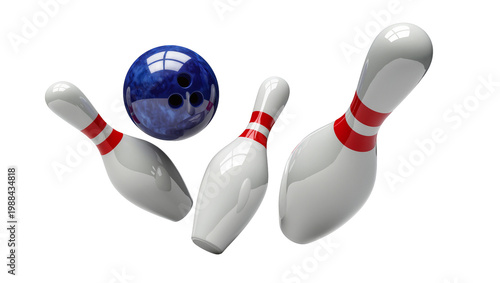 Canvas Print Three white bowling pins with red stripes and a blue bowling ball, isolated on t