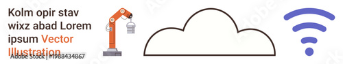 Technology, cloud services, industrial automation, wireless connectivity, smart factories, and IoT. Robotic arm, cloud and wireless symbol. Technology and cloud services concept