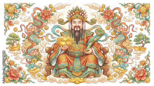 The God of Wealth, adorned in traditional attire, holds a gold ingot amidst peonies and clouds, embodying prosperity and good fortune