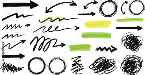 Hand drawn doodle sketch style circle, cloud speech bubble grunge element set. Sketch line arrow element, star, heart shape. Arrow, star, heart brush decoration.