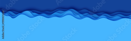Wavy border in paper cut style. Blue color layers with smooth shadow papercut art. 3d abstract background with cut out deep waves modern cover. Vector card illustration origami environment template