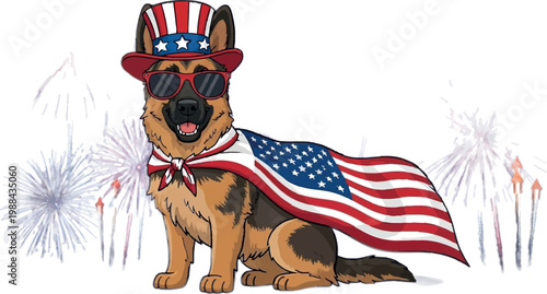 Patriotic German Shepherd dog, American flag cape, 4th of July, festive hat, fireworks
