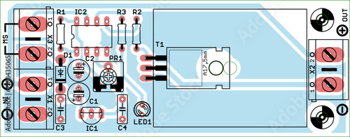 Vector printed circuit board of electronic 
device with components of radio elements, 
conductors and contact pads placed on pcb. 
Engineering technical drawing. Electric background.