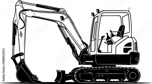 Black and White Vector Illustration of a Mini Excavator
