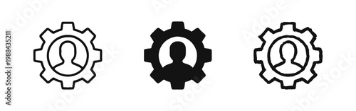 Human resource management icon set featuring person silhouette inside a mechanical gear