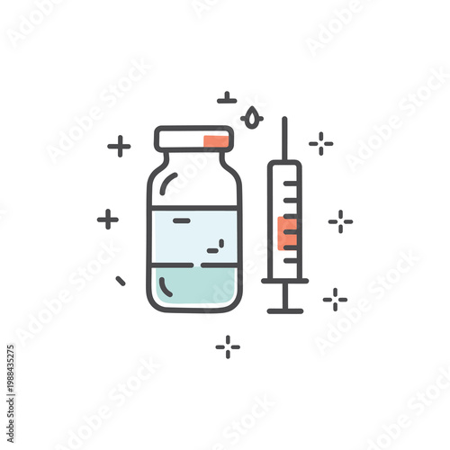 An illustration of a vector medicine bottle and syringe surrounded by sparkling stars