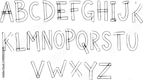 A complete A-Z uppercase alphabet featuring a minimalist, hand-drawn monoline style with overlapping geometric lines.